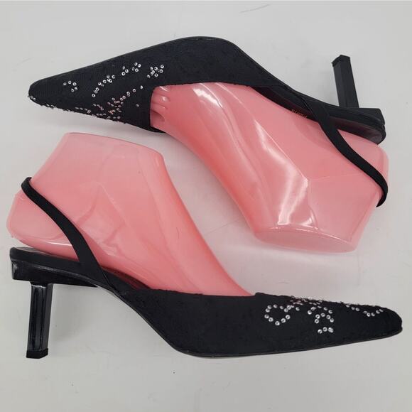 Alain Tondowski Size 6.5 Sequin Slingback Kitten Heels Pointed Toe Black Shoes - Picture 3 of 8